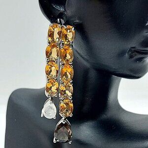Natural Smoky Quartz 10x7mm, Citrine & Moonstone 925 Sterling Silver Earrings‎